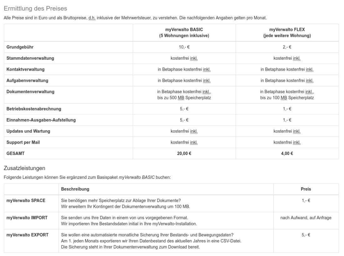 Screenshot der Preisübersicht bei myVerwalto
